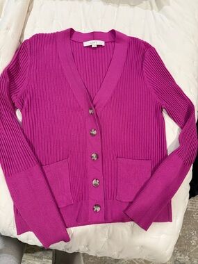 LOFT Bright Fuchsia Ribbed V-Neck Button Cardigan